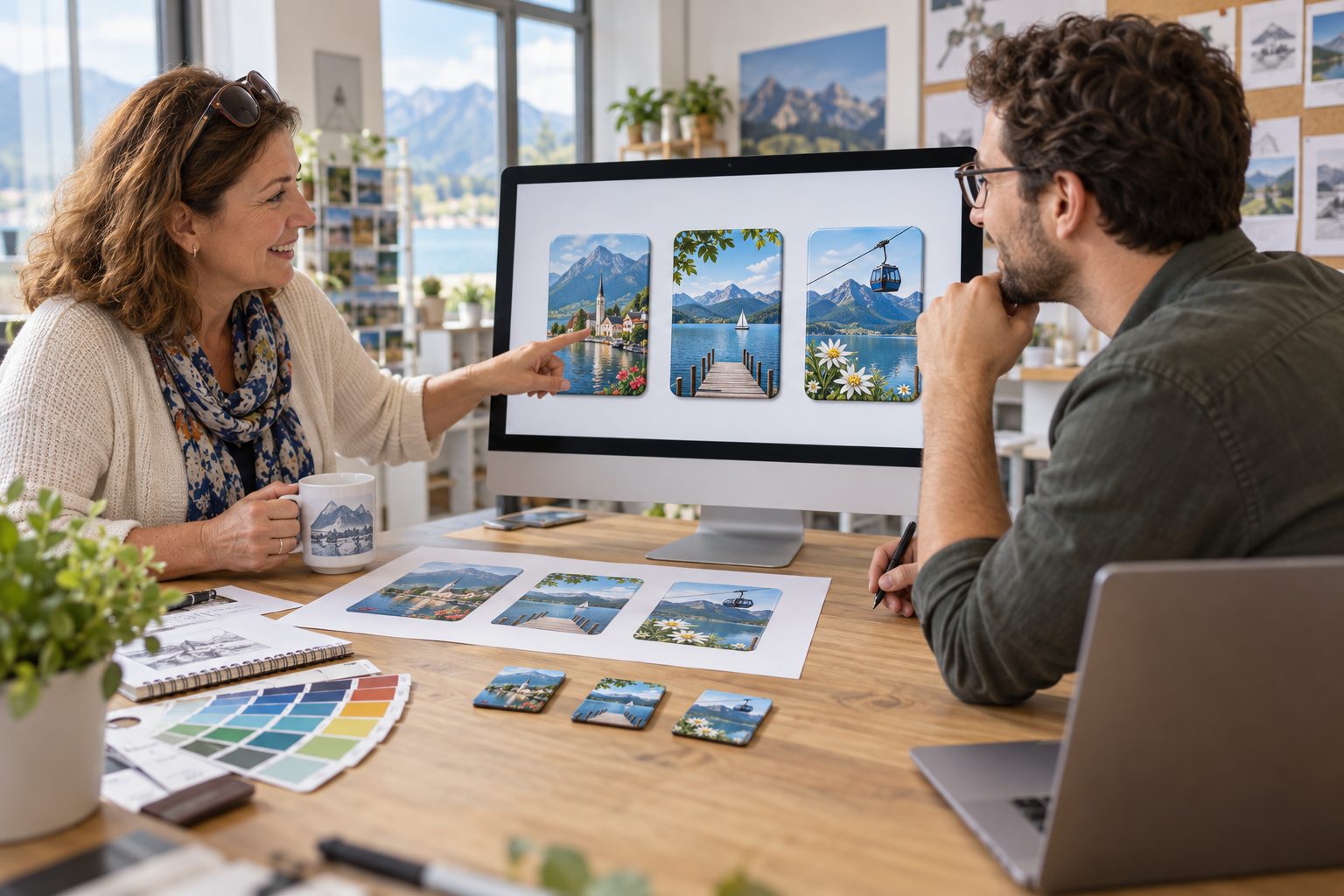 KI-Visualisierung: Designvorschau am Bildschirm wird gemeinsam besprochen