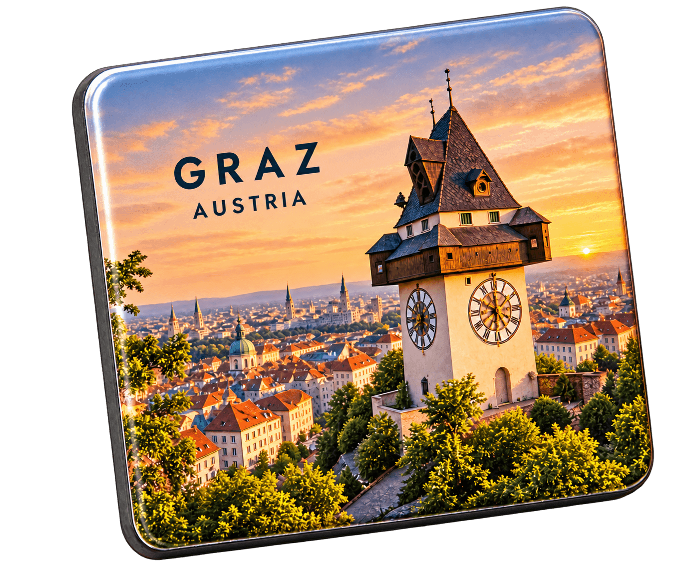 Kühlschrankmagnet mit Stadtmotiv von Graz, Österreich (KI-Visualisierung)