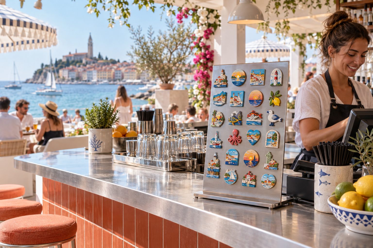 KI-Visualisierung: Strandbar mit Magnetaufsteller