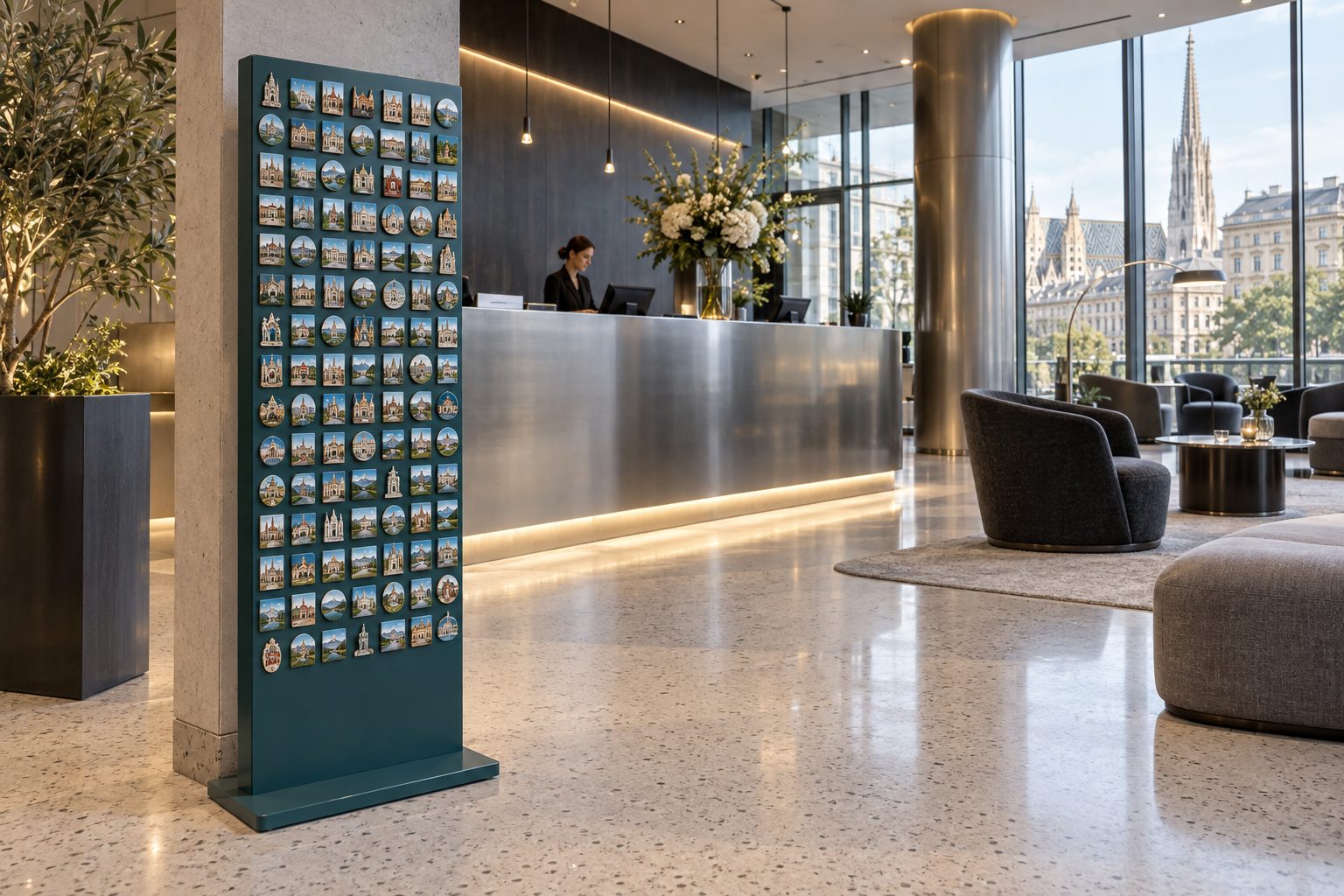 KI-Visualisierung: Hotelrezeption mit Magnetaufsteller